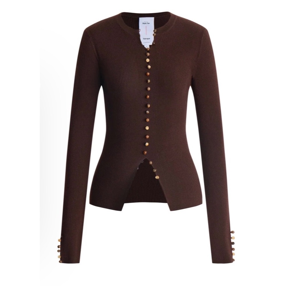 Mark Tan X Fabrique Kaia Fitted Cardigan Brown Ribbed Knit Button Front Size M